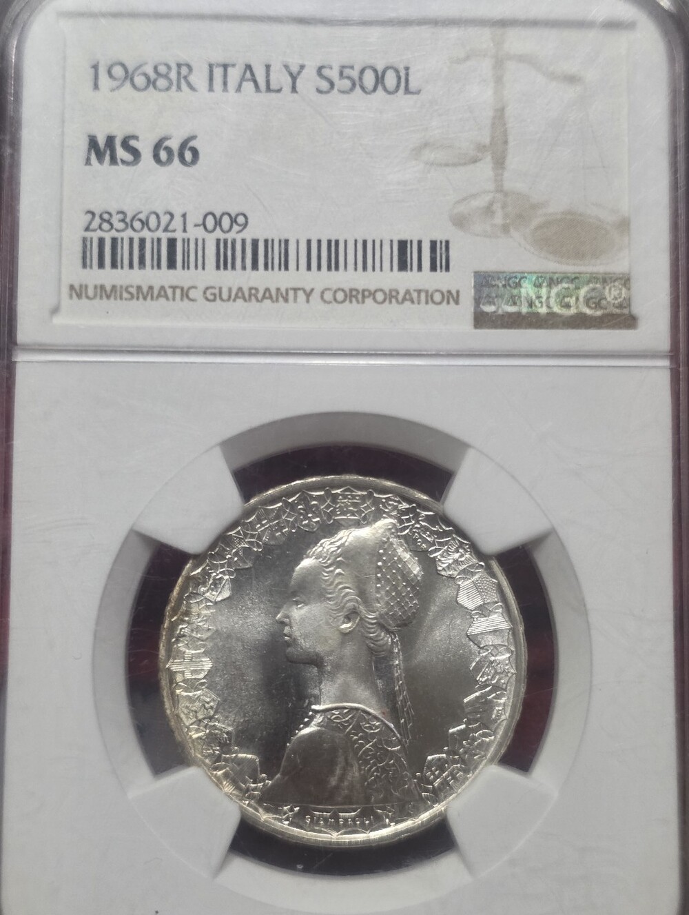 Silver 1968 Italy 500 Lira Silver Certified Coin -MS 66